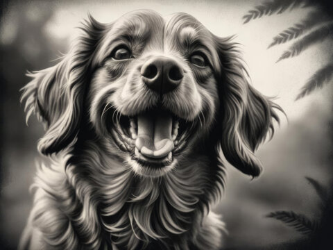 Joyful Cockapoo - Close-up of a cheerful dog with curly fur in a scratchboard etching style Gen AI