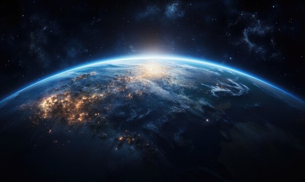 View of the Earth, star and galaxy. Sunrise over planet Earth, view from space. © grigoryepremyan