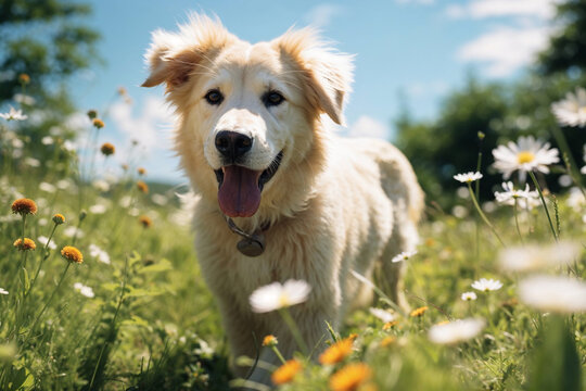 Generative AI image of happy dog in sunny meadow