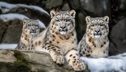 Fototapeta premium Snow leopard staring, majestic, in the wilderness generated by AI