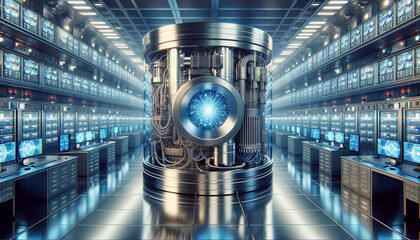 Quantum computing lab with state-of-the-art machinery and holographic displays.