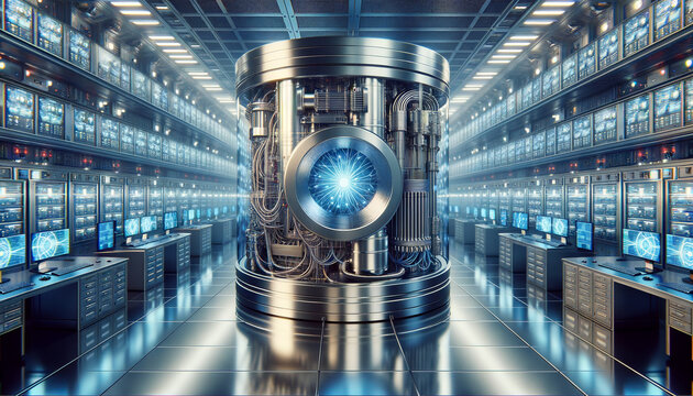Quantum computing lab with state-of-the-art machinery and holographic displays.