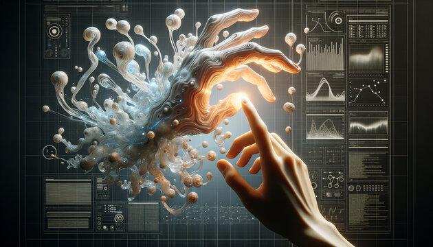 Futuristic human hand interacting with organic interface.