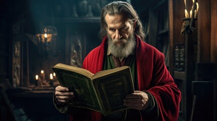 elderly man reading a book in a dark castle