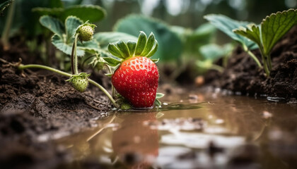 Fresh strawberry, ripe fruit, organic, healthy eating, refreshing water, outdoors generated by AI