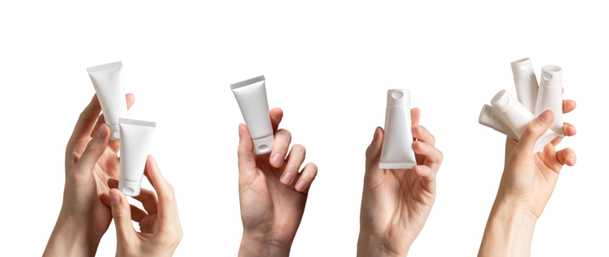 Hand holding cream tubes, beauty product packages mockups, cosmetic packs isolated on white, set