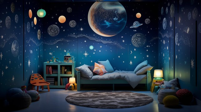 playroom with cosmic themed decor