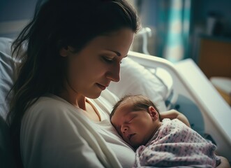 A young mom holds her newborn baby in her arms at the hospital. The first meeting with the baby. A mother's love. Birth of a child