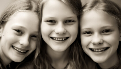 Fototapeta premium Smiling child, cheerful girls, cute portrait, black and white friendship generated by AI