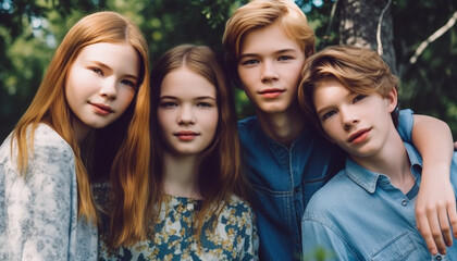 Fototapeta premium Smiling children enjoying nature, embracing friendship and togetherness outdoors generated by AI