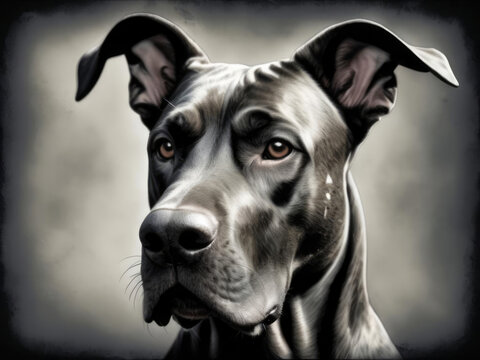 Majestic Great Dane - close-up of a happy dog face from a popular breed with a blurred background, created using scratchboard etching technique Gen AI