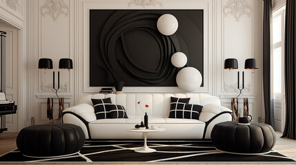 living room with avant garde black and white