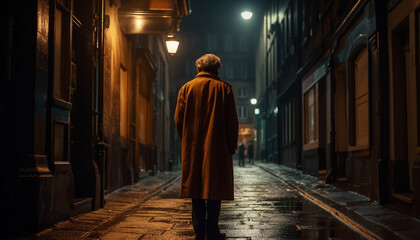 A solitary figure walks through the dark city streets at night generated by AI