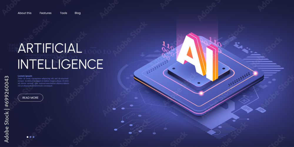 Poster Artificial intelligence technology isometric illustration. Isometric CPU chip with glowing letters AI on top. Machine learning web page concept. Vector illustration