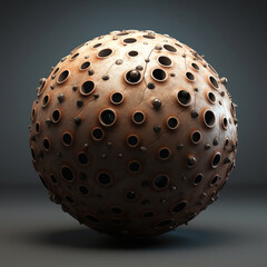 3d rendering of an old copper ball with holes on a gray background.AI.