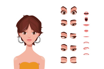 A set of constructors for the face of a stylish girl isolated on a white background. Vector set of eyes, lips, eyebrows of a young woman. Female game character or avatar design elements