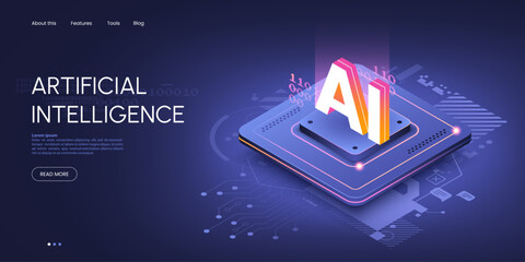 Artificial intelligence technology isometric illustration. Isometric CPU chip with glowing letters AI on top. Machine learning web page concept. Vector illustration - obrazy, fototapety, plakaty