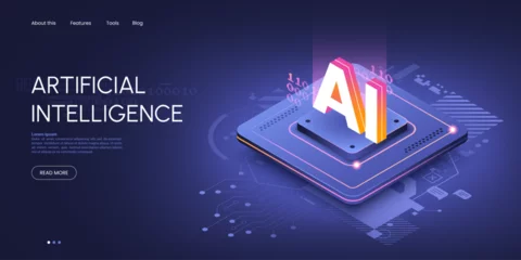 Fotobehang Artificial intelligence technology isometric illustration. Isometric CPU chip with glowing letters AI on top. Machine learning web page concept. Vector illustration © alexandertrou