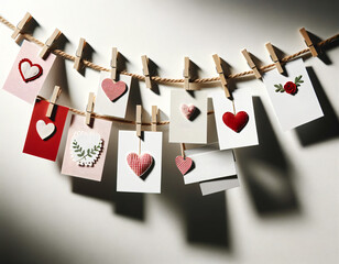 Garland for Valentine's Day from cards with hearts on a light wall. Festive background