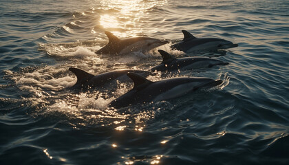 Obraz premium Playful dolphins swimming in the blue water, splashing with joy generated by AI