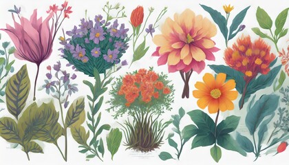  botanic flower illustrations on white background