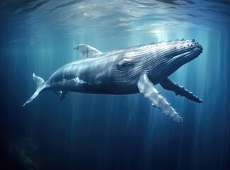 the whale swimming in the ocean on a background that is blue stock