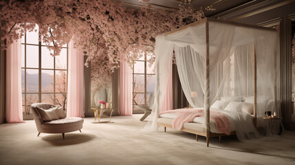 room with an ephemeral cherry blossom
