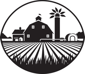 Naklejka premium Homestead Tranquility Black Emblem Design Countryside Legacy Vector Farmhouse Logo