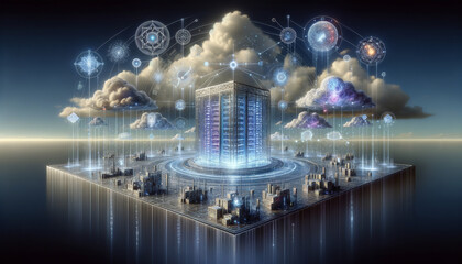 Futuristic edge computing concept with crystalline server and surreal digital landscapes