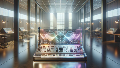 Contemporary music studio with iridescent synthesizer and holographic displays.