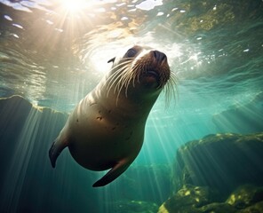 Sea lion swimming underwater in tidal lagoon - obrazy, fototapety, plakaty