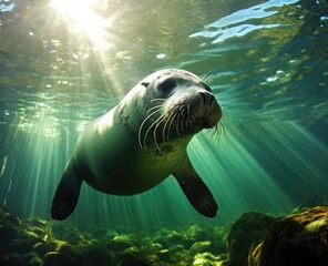 Sea lion swimming underwater in tidal lagoon - obrazy, fototapety, plakaty
