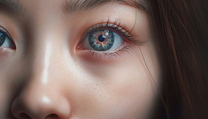 Fototapeta premium Close up of a cute woman blue eye, staring at camera generated by AI
