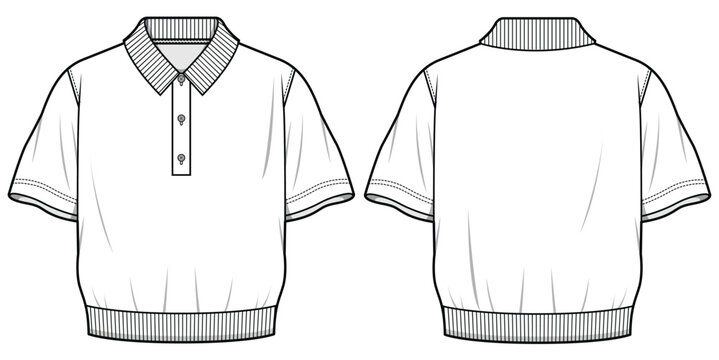 Polo Collared Oversized Rib Waist Sweater T-Shirt  Front and Back View. Fashion Flat Sketch Vector Illustration, CAD, Technical Drawing, Flat Drawing, Template, Mockup.