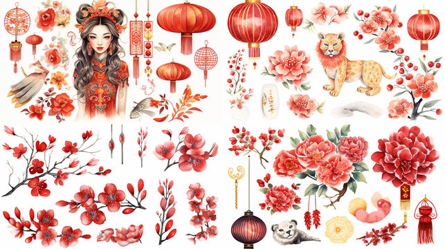chinese new year, 2024, clipart, watercolor, illustration, on white background, celebration, collection, generative ai