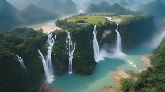 Royalty high quality image aerial view of “ Ban Gioc “ waterfall, Cao Bang, Vietnam. “ Ban Gioc “ . Aerial view