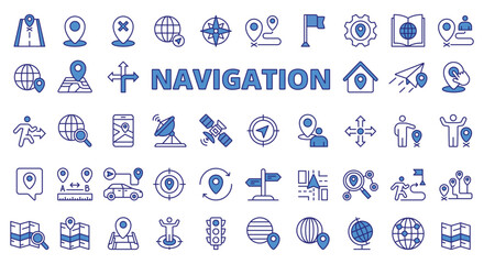 Navigation Location icons in line design blue. Map, destination, place, point, GPS, distance, destination, navigation, road, way, transport, waypoint, icons isolated on white background vector. - obrazy, fototapety, plakaty