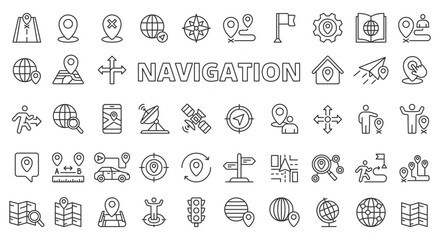 Navigation Location icons in line design. Map, destination, place, point, GPS, distance, destination, navigation, road, way, transport, waypoint, icons isolated on white background vector. - obrazy, fototapety, plakaty