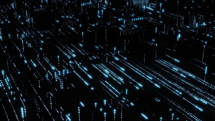 Datentransfer, Stadt, Großstadt, dunkel, Nacht, Internet, blau, türkis, Verschlüsselung, Sicherheit,  Internetleitung, Glasfaser, FTTH, Server, Virus, Maleware, Pishing, Viren, Hacking, Backup, binär