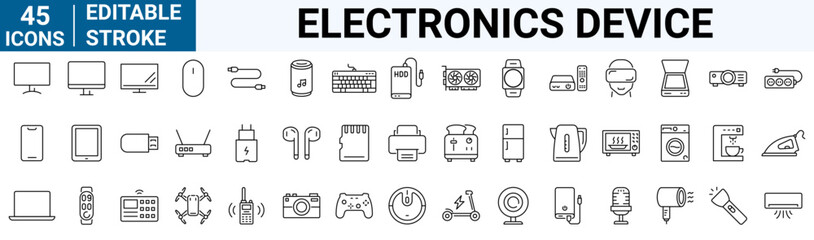 Electronics Device line web icons Personal Device. Tablet, laptop, phone, console, Smart Watch and more. Editable Stroke.
