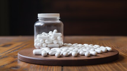 Medicine bottle and spilled pills on a light background. Medications and prescription pills have a fixed fund. Medicine pills and tablets spilling out of a medicine bottle. AI generated