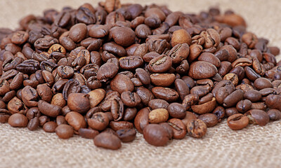 Roasted coffee on burlap. Aromatic coffee beans macro photo.