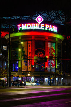 Seattle - December 26, 2023; T Mobile Park at night with sign illuminted and NHL Winter Classic logo