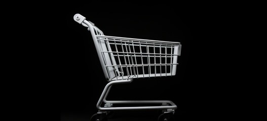 Empty shopping cart on black background with empty space for text. Shopping sale concept