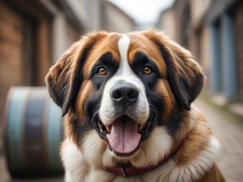 Close-up of a Happy Saint Bernard Dog with a Rescue Barrel Collar - Abstract and Symbolic Elements Gen AI