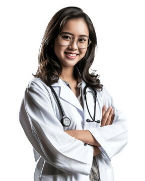 portrait of a doctor woman, potrait of A happy asian female doctor standing with your arms crossed with confidence isolated on transparent background