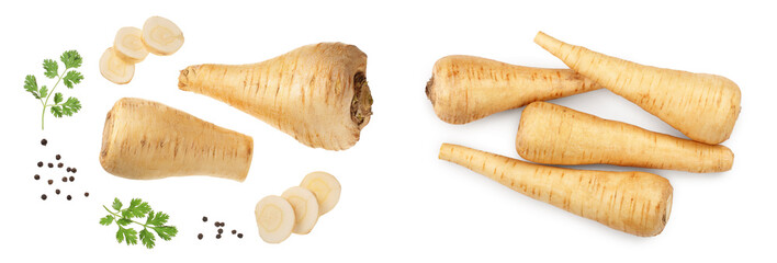 Parsnip root and slices with parsley peppercorns isolated on white background closeup. Top view. Flat lay