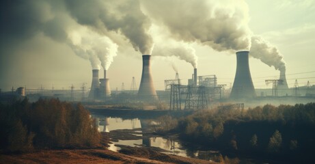 Power plant with smoking chimneys against a blue sky. The coal power industry produces electricity by burning coal