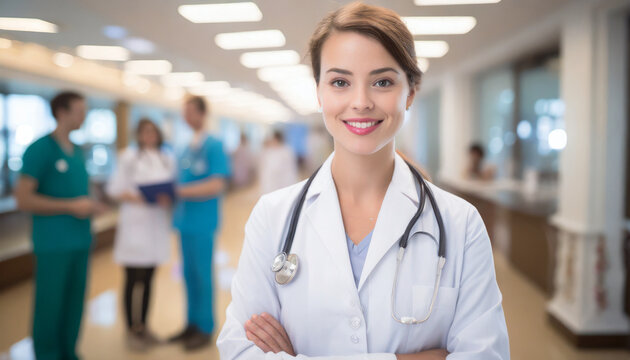 Uśmiechnięta pani doktor, lekarz w szpitalu. AI Generative