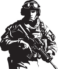 Vigilant Protector Vector Armyman Black Icon Combat Ready Guardian Armed Soldier Emblem in Black